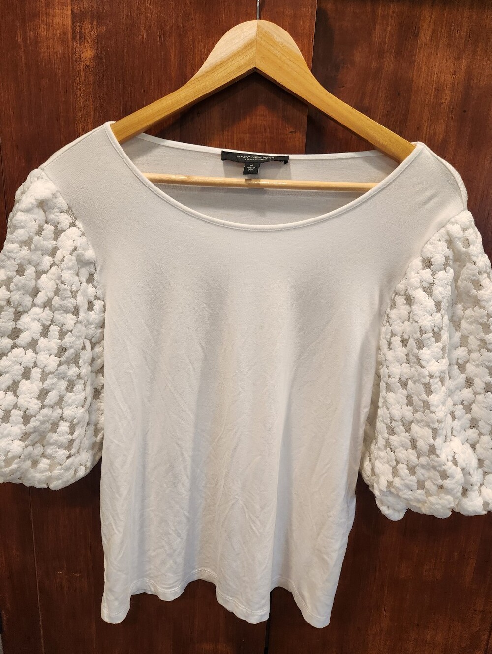 Marc New York White Ballon Sleeve Knit Top Embroidered Boho Careerware Sz M